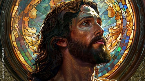 Render an intricate and detailed closeup of Jesus, ideal for advertising religious art prints photo