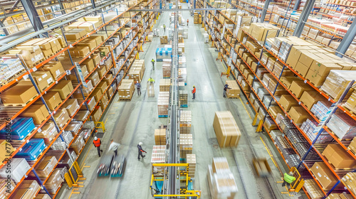 Warenlager mit gut organisierten Regalen und Stapeln von Kartons und Paletten. Mitarbeiter sind dabei, Waren zu kommissionieren, zu verpacken und für den Versand vorzubereiten. Gabelstapler und andere