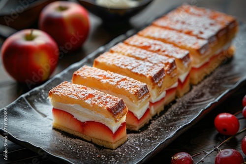 Refreshing apple dessert pieces adorned with fresh raspberry, a perfect blend of tartness and sweetness. photo