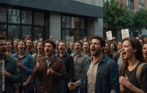 group of students, people protesting, shouting on the street next to embassy, back photo, very realistic, 8k quality, hyper realistic, ultra realism