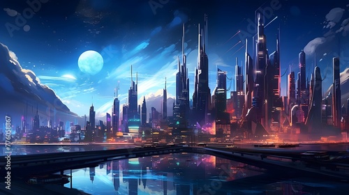 Futuristic city at night with full moon. Panorama.
