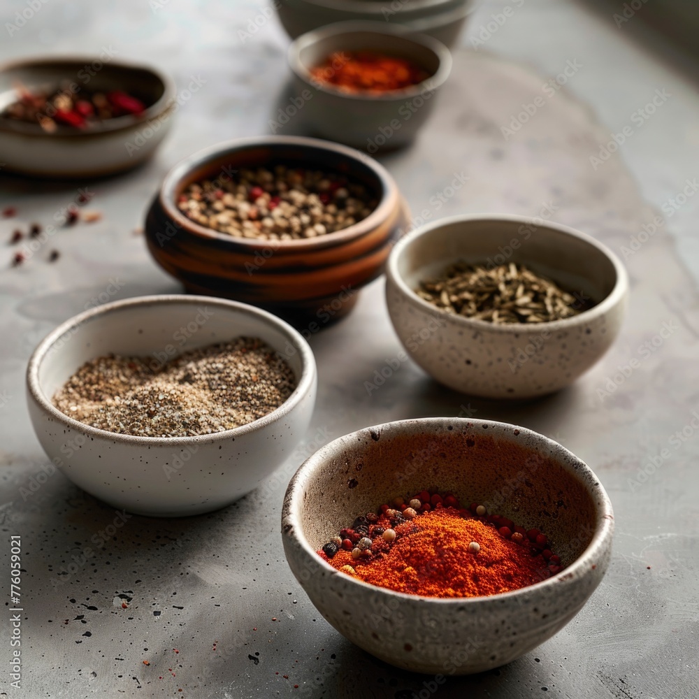 A row of bowls with various spices in them A row of bowls with various spices in them