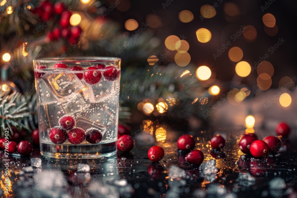 A close-up of a festive cocktail held in hand, sparkling with bubbles and cranberries, set against a soft, illuminated backdrop, celebrating the holiday cheer. A close-up of a festive cocktail held in hand, sparkling with bubbles and cranberries, set against a soft, illuminated backdrop, celebrating the holiday cheer.
