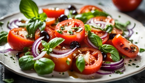 healthy tomato salad with onion basil olive oil and balsamic vinegar
 photo