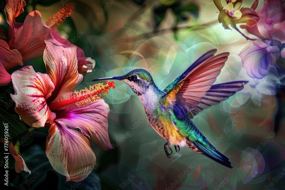 A hummingbird is perched on a pink flower A hummingbird is perched on a pink flower