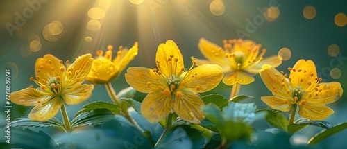 Closeup of St Johns Wort flowers with sunlight shining through creating a beautiful and vibrant display. Concept Closeup Photography, St Johns Wort Flowers, Sunlight, Vibrant Display photo