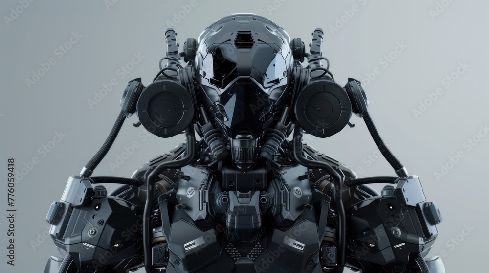 Artistic portrayal of a sleek black mecha robot donning a gas mask and complete body armor Artistic portrayal of a sleek black mecha robot donning a gas mask and complete body armor