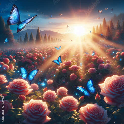 blue buterflies around flowers photo