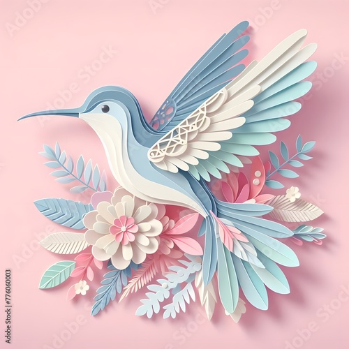 Side-angle view of a hummingbird with floral decorative elements, papercraft style, pastel colors