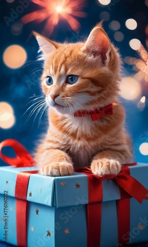 Cute red kitten in a blue gift box on a background of fireworks.