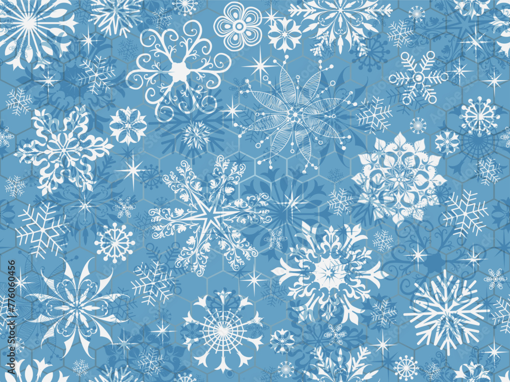Vector hand drawn blue Christmas seamless pattern with vintage snowflakes and stars