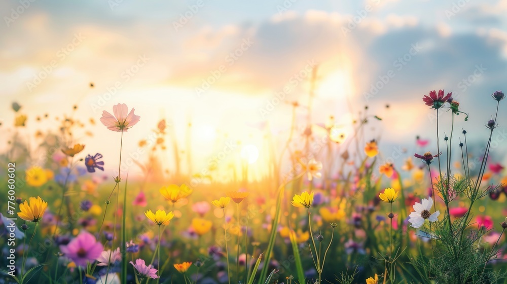 A field of flowers with a bright sun shining on them A field of flowers with a bright sun shining on them