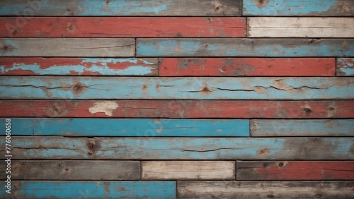 Old painted rustic wood boards background, Americana paint, red white and blue, American flag painting, wall, floor, barn, fence, wooden board with chipping, cracking, peeling, weathered paint