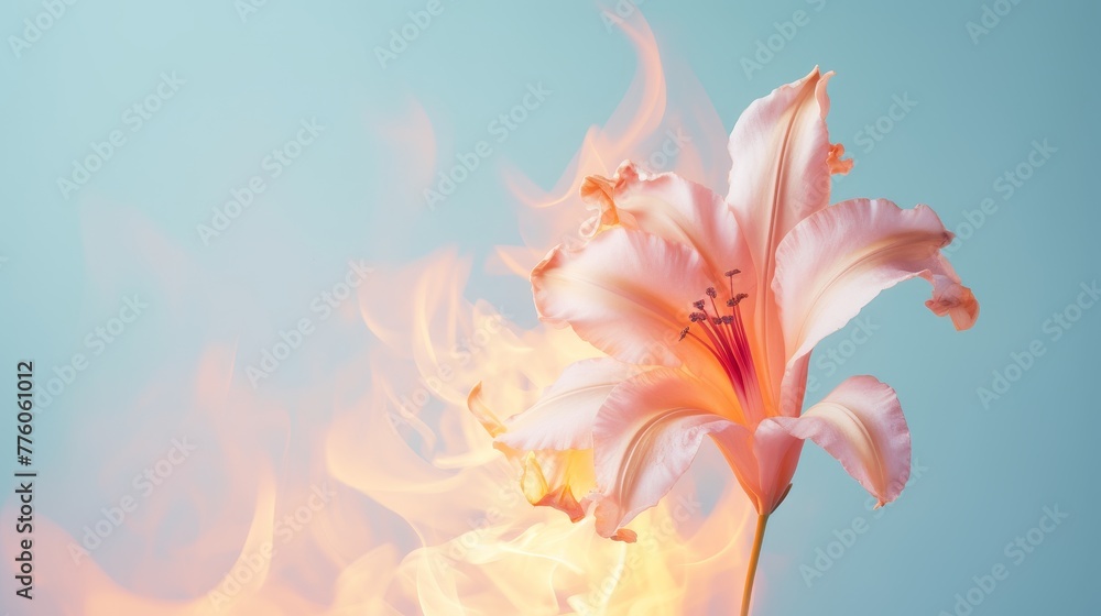 Flower burning in flames on pastel background