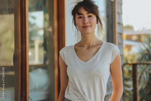 In an outdoor setting with a blurred background, a young Asian woman stands elegantly in white attire, her gaze confidently meeting the camera with a sense of serenity and grace. Free Download In an outdoor setting with a blurred background, a young Asian woman stands elegantly in white attire, her gaze confidently meeting the camera with a sense of serenity and grace. - GFXLoad
