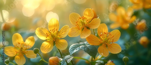 Vibrant Closeup of St John's Wort Flowers with Sunlight Shining Through. Concept Nature Photography, Close-up Shots, Floral Portraits, Sunlit Images, Vibrant Flowers photo