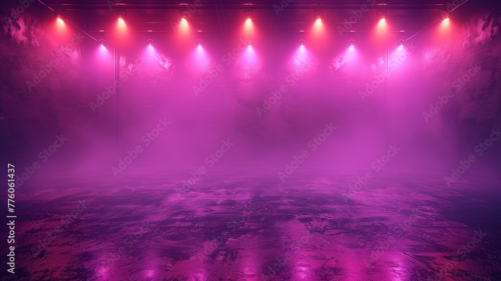 Background of empty room with spotlights and lights, abstract purple background with neon glow.