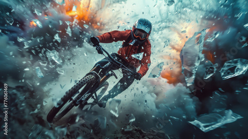 a mountain biker from another dimension driving through a cloud of flying sharp glass shards,generative ai photo