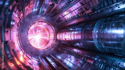 Fusion reactor core with magnetic confinement fields and plasma flows, illustrating clean and powerful energy generation , sci-fi tone, technology photo