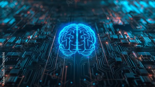 A 3D hologram neon blue color human brain symbol on a dark AI integrated electronic circuit board hi-tech background. Machine learning, artificial intelligence, modern business technology.