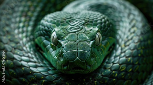 Close-up of the head of a poisonous snake Exotic dangerous reptile curled up looking at the camera