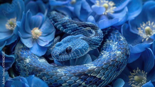 Blue rattlesnake on a background of anemone flowers. Poisonous exotic reptile.