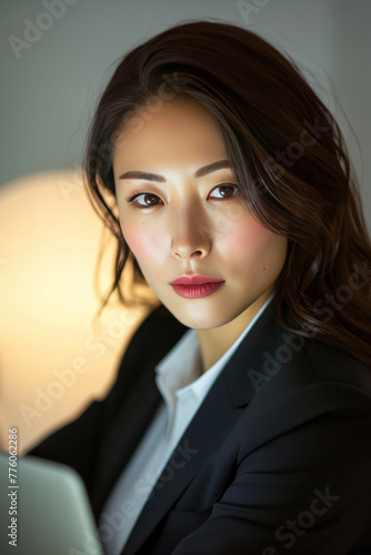 Captured in a close-up portrait, a Japanese professional radiates elegance and poise in her feminine business attire, her full face illuminated by the soft glow of her laptop screen