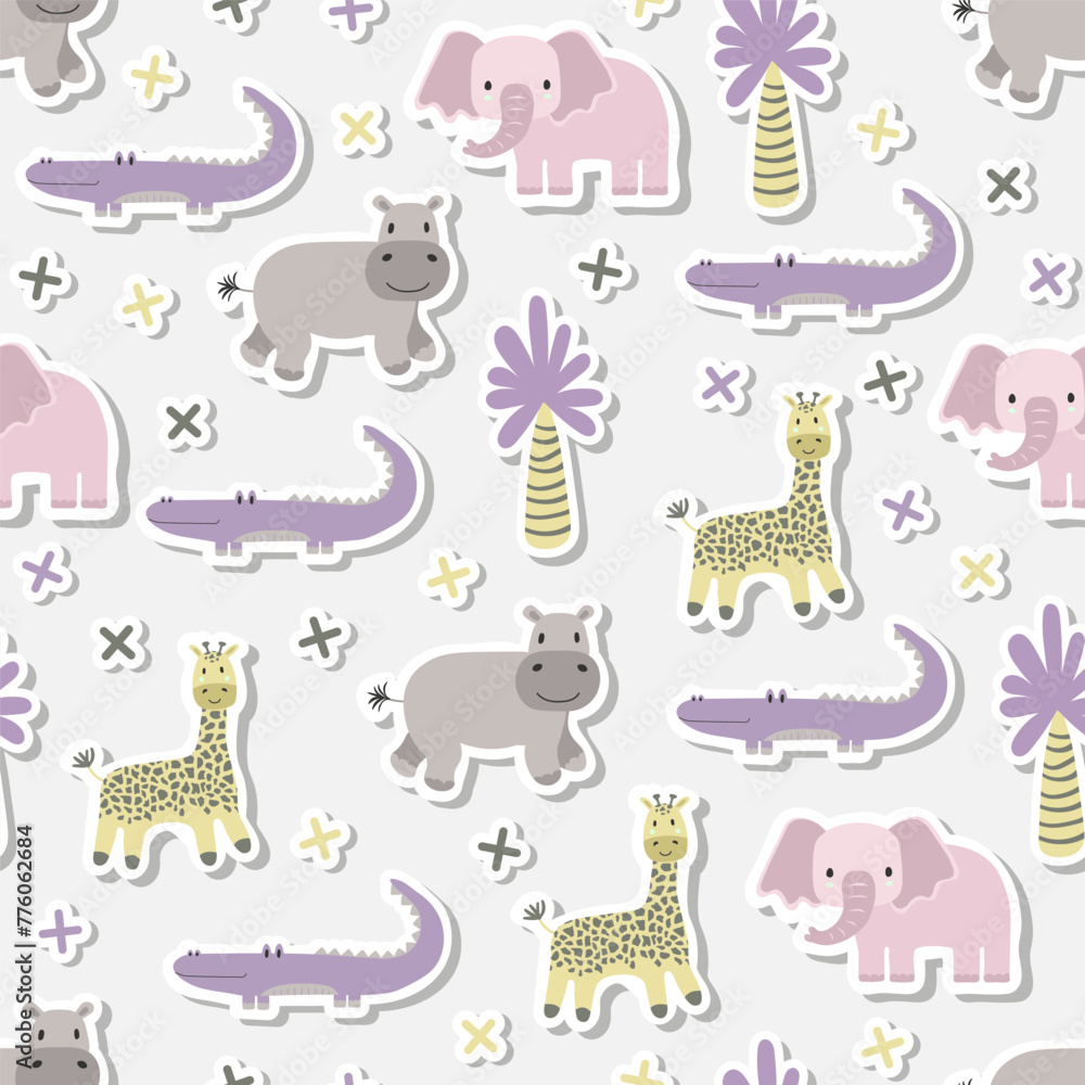 Obraz premium Vector sticker pattern with giraffe, elephant, crocodile, hippopotamus.Tropical jungle cartoon creatures.Pastel animals background.Cute natural pattern for fabric, childrens clothing,wrapping paper.