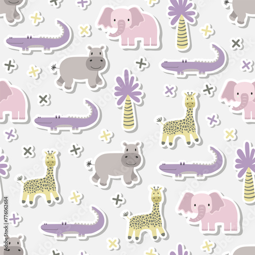 Vector sticker pattern with giraffe, elephant, crocodile, hippopotamus.Tropical jungle cartoon creatures.Pastel animals background.Cute natural pattern for fabric, childrens clothing,wrapping paper.