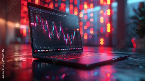 Laptop screen with stock market chart exchange. Isometric laptop on desk with financial services web interface. Trade and exchange money, company shares.