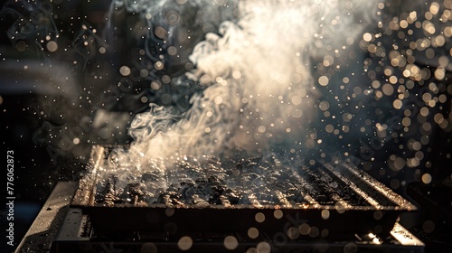An artistic composition of smoke wafting from a grill with light filtering through to create patterns