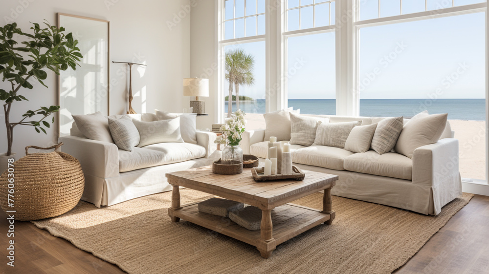 Fototapeta premium living room designed as a coastal retreat, showcasing white wicker furniture complemented by light blue accents for a calm and beachy vibe.