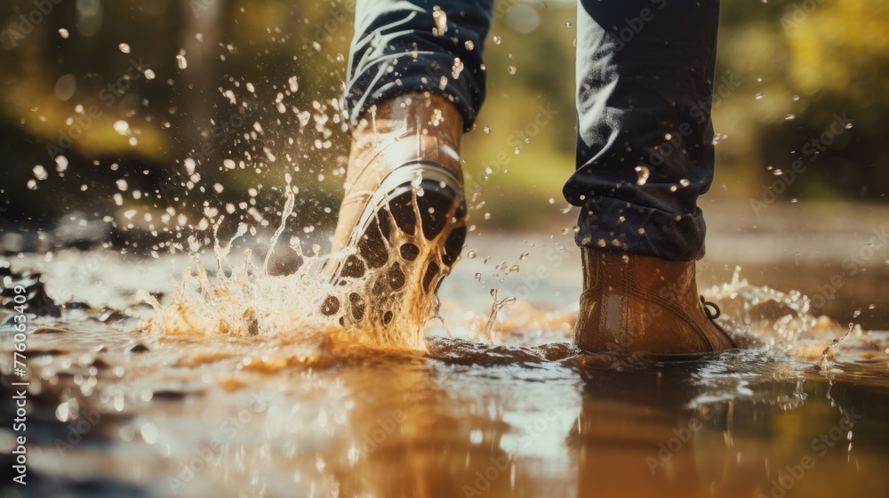 Wearing rubber boots and splashing water on puddle Wearing rubber boots and splashing water on puddle