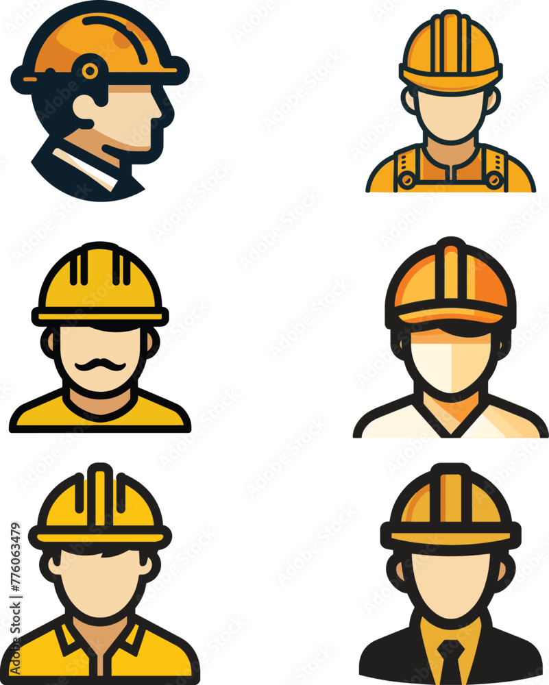 Different style construction men workers head with safety hard hat vector icon set. Different style construction men workers head with safety hard hat vector icon set.