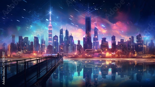 Panoramic view of the city at night. Futuristic cityscape.