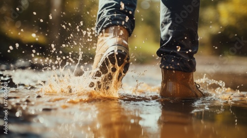 Wearing rubber boots and splashing water on puddle