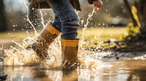 Wearing rubber boots and splashing water on puddle