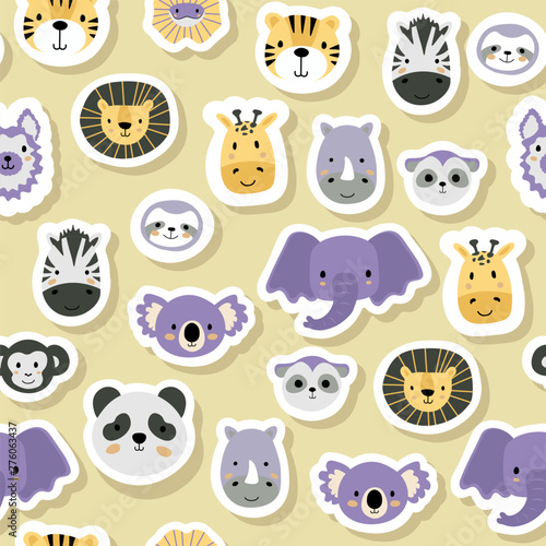 Vector sticker pattern with sloth,tiger,elephant,lion,zebra,giraffe,lizard,rhinoceros,koala,monkey,meerkat,panda,llama.Tropical jungle creatures.Cute pattern for fabric,childrens clothing,wrapping.