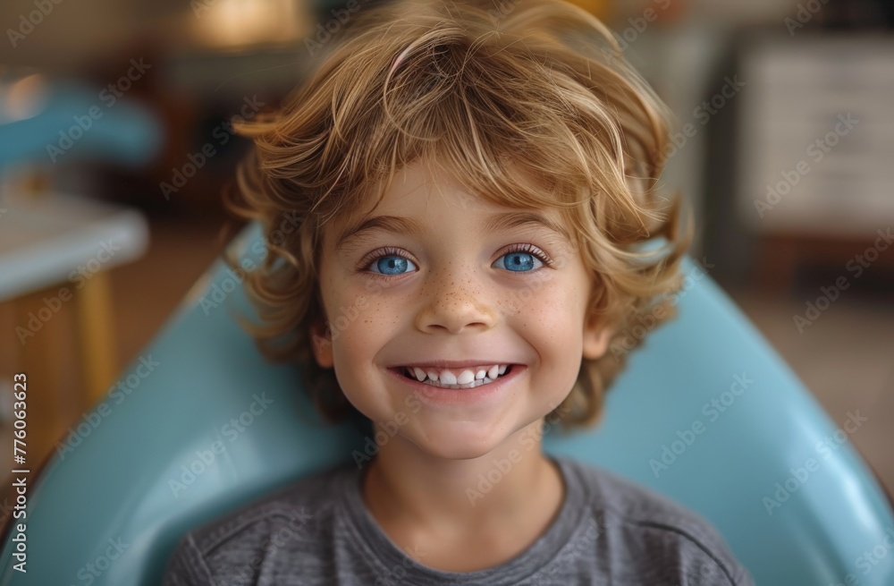 Smiling young boy with blue eyes and tousled hair in a dental office Smiling young boy with blue eyes and tousled hair in a dental office
