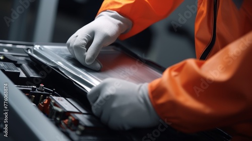 Inspection of Open Lithium Battery by Hands in Gloves