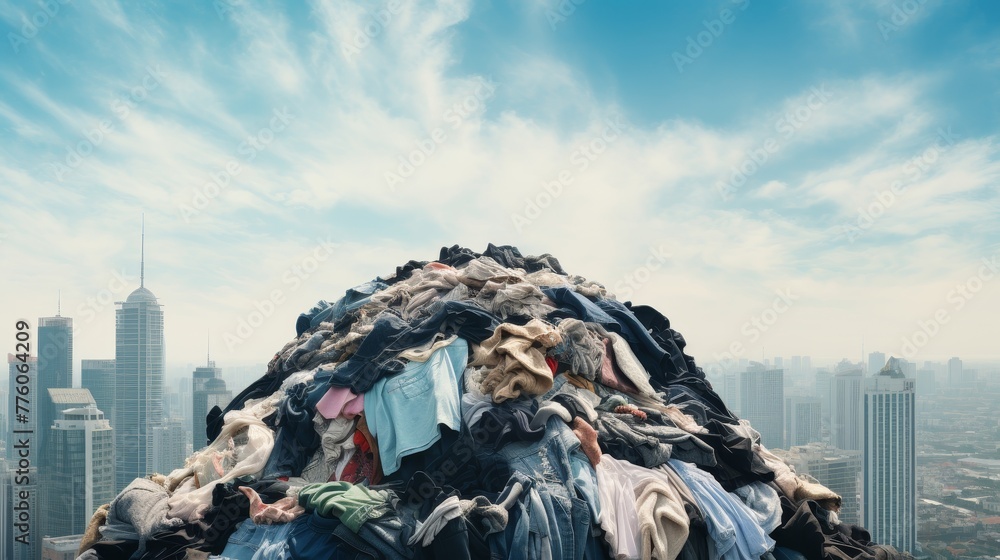 Clothing Pile Against City Skyline for Textile Recycling  - obrazy, fototapety, plakaty 