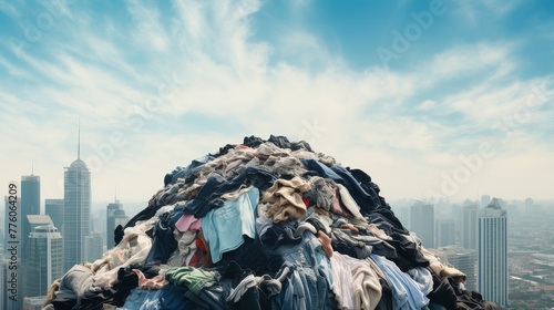 Clothing Pile Against City Skyline for Textile Recycling 