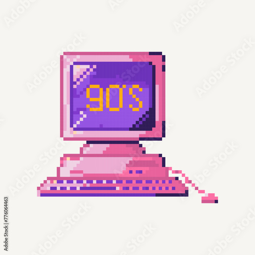 An old computer in the style of pixel art, aesthetics of the 90s. Isolated on a white background. Vector illustration.