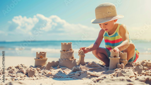 a child building intricate sandcastles on a sunny beach,generative ai