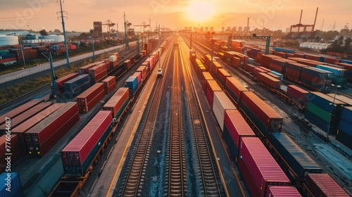 Sunset rays casting over a busy cargo train yard with colorful containers, showcasing urban transportation and logistics.