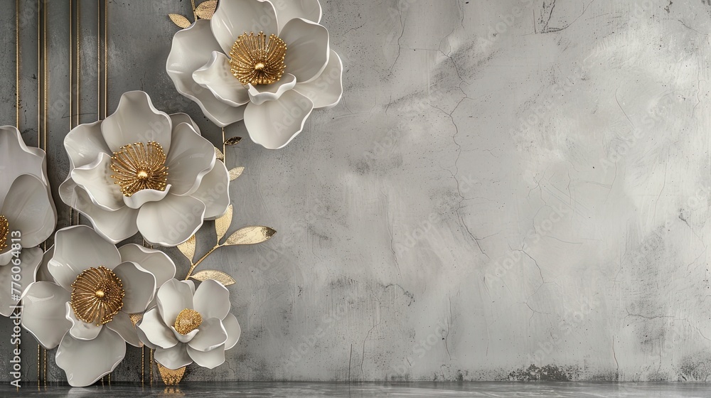 Volumetric floral arrangements on an old concrete wall with gold elements. - obrazy, fototapety, plakaty 