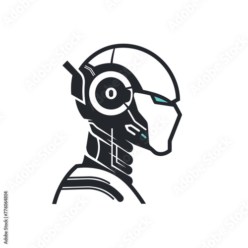Monochrome robot, teal highlights.
