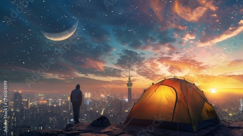 yellow camping tent with light on the roof top building skyscraper with city scape view, a person standing beside the tent, sunrise with stars and crescent moon photo