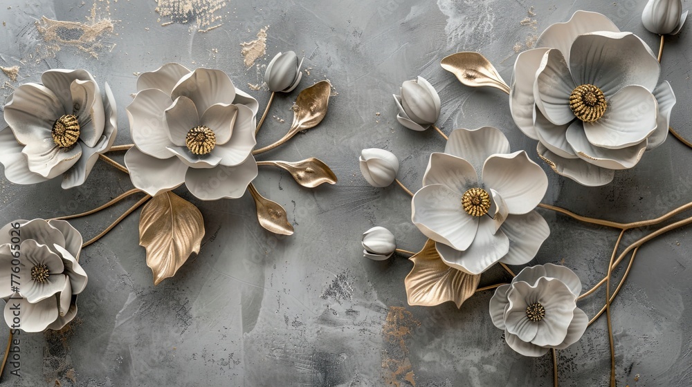 Volumetric floral arrangements on an old concrete wall with gold elements. - obrazy, fototapety, plakaty 