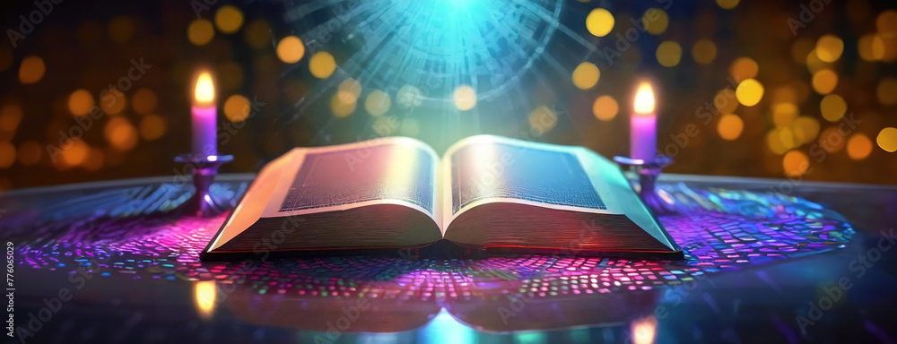 An open book with candles on a digitalized surface, mystic. Ancient tome lie on a futuristic interface, lights and data patterns surrounding. Panorama with copy space.